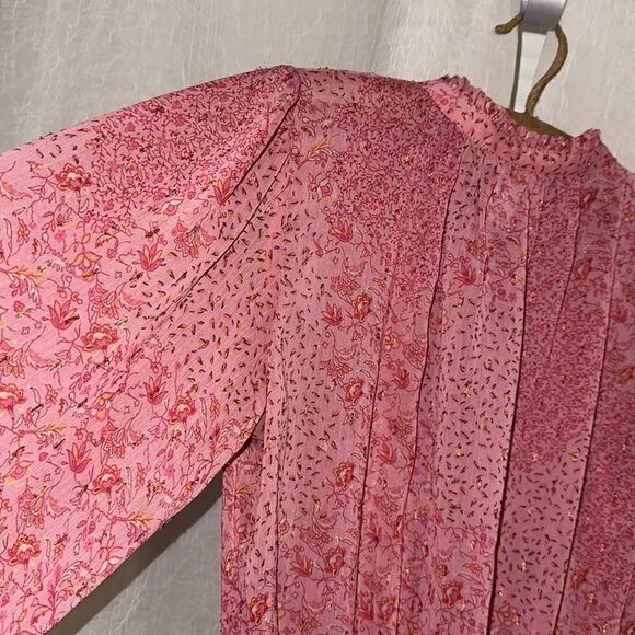 joie S Mock Neck Tie Front Long Balloon Sleeve Pink Gold Metallic Blouse - Picture 9 of 12